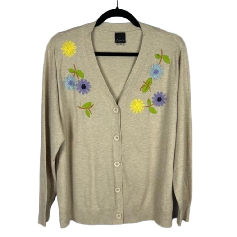 Aaeda Neutral Floral Embroidered Button Front Cardigan Sweater XL Cream